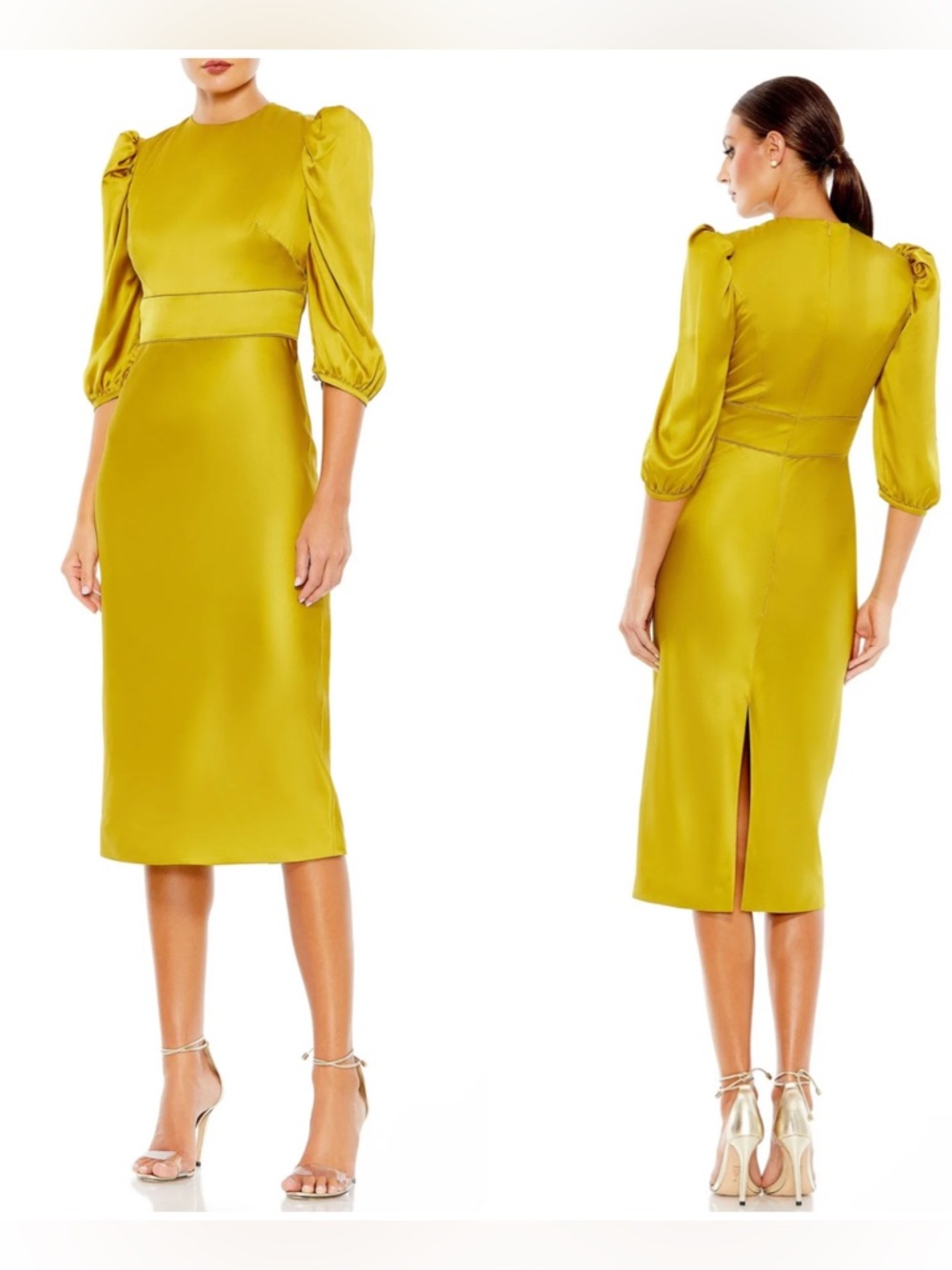 Mac Duggal Chartreuse Puff-Sleeve Back Slit Satin Midi Dress 26927 NWT $458